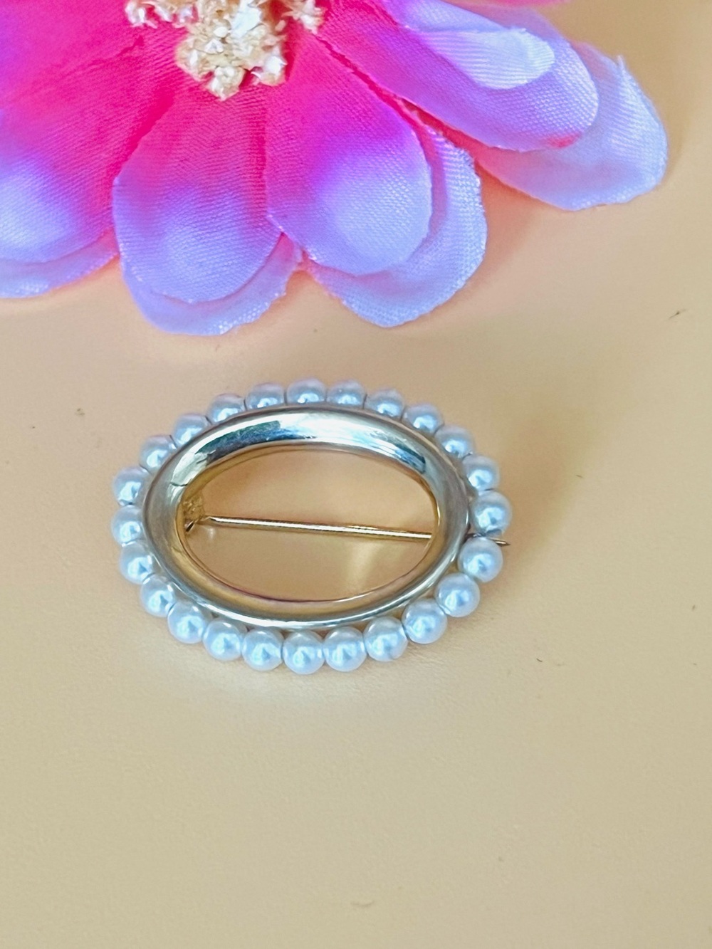 Vintage Napier Gold Oval Pearl-Trim Brooch -